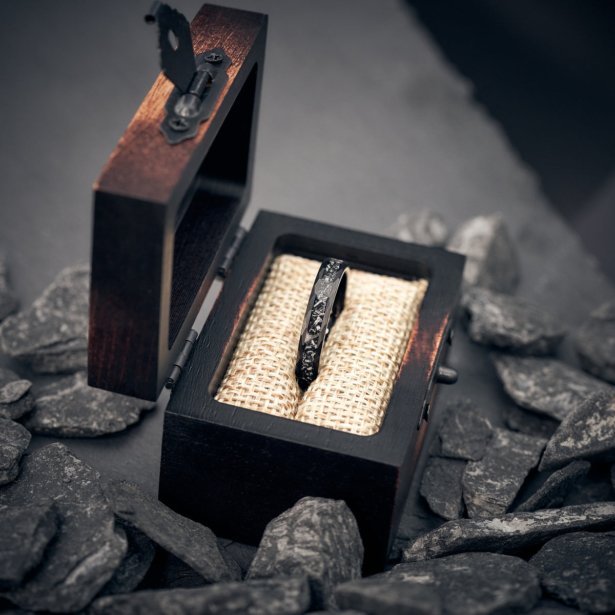 Frauen Ring Schwarz mit Meteoritgestein
