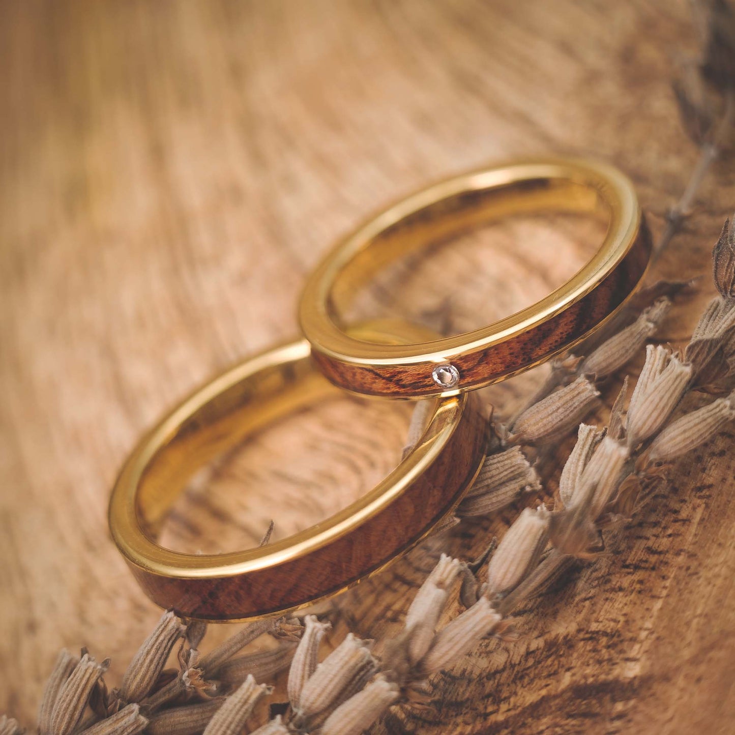 Trauringe Holz in Gold mit Stein Auren von Fablano